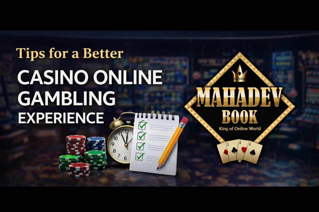 Tips for a better casino online gambling experience banner with Mahadev Book logo and gaming elements