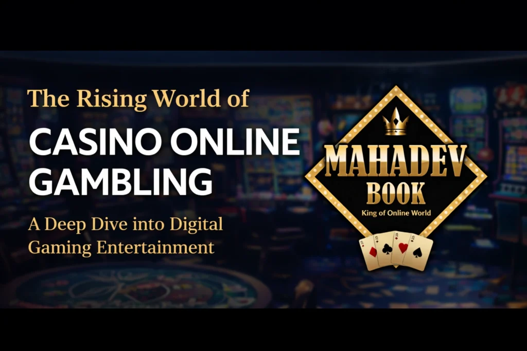 Casino online gambling banner with Mahadev Book logo and digital gaming background